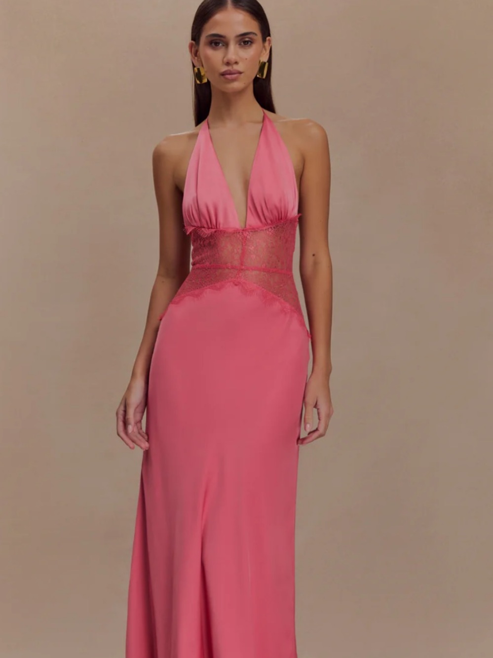 Pink Halter Lace Waist Evening Dress. Size small. Brand new with tag, never worn